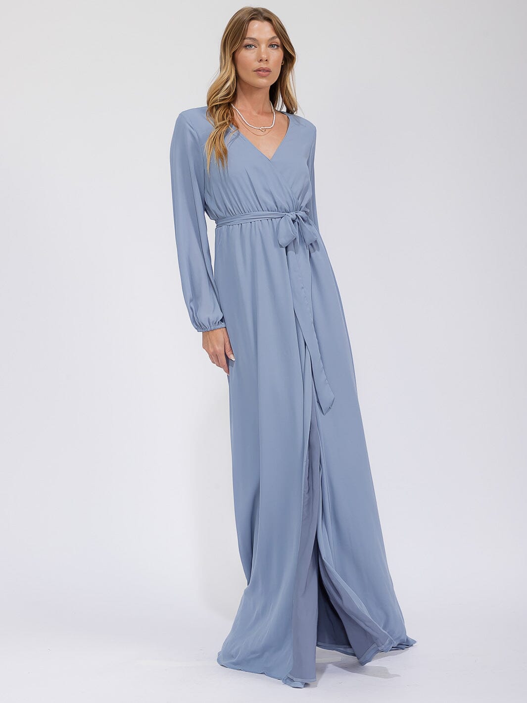 WOMEN'S LONG SLEEVE SURPLICE SELF TIE OPEN BACK MAXI GOWN DRESS