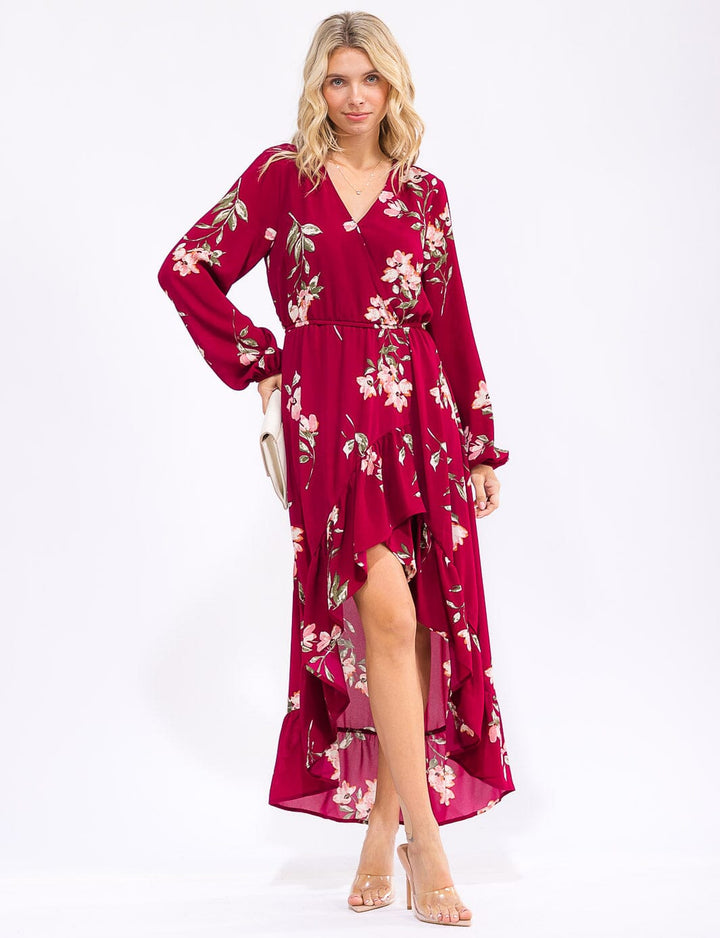 WOMEN'S LONG SLEEVE SURPLICE ELASTIC WAIST HIGH-LOW FLORAL MAXI DRESS