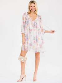WOMEN'S SHORT SLEEVE V-NECK FLORAL SWISS LOOSE FIT MINI DRESS