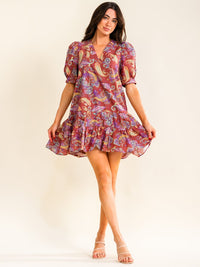 ENTRO WOMEN'S SHORT SLEEVE V-NECK MULTI PRINT MINI DRESS