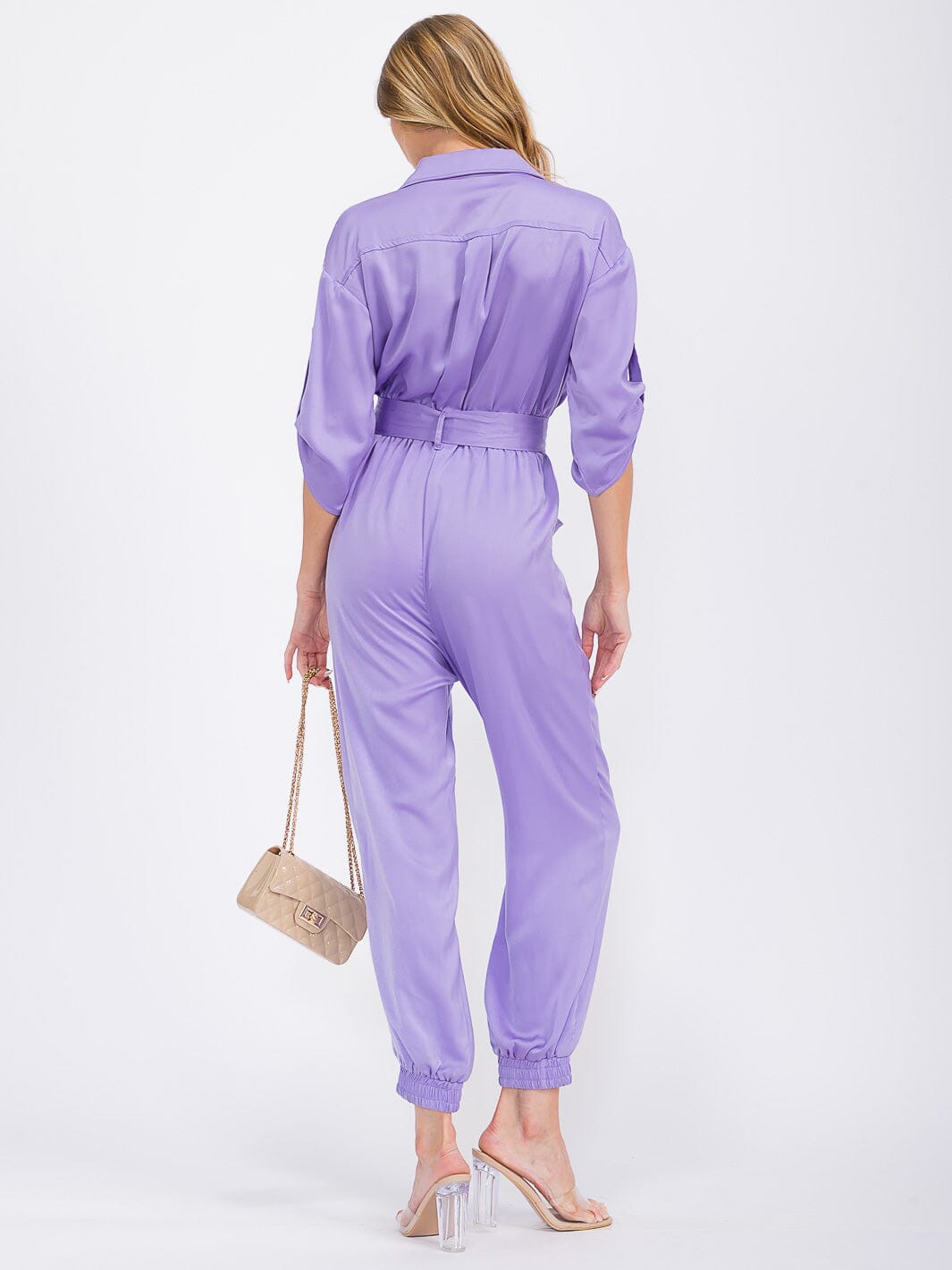 WOMEN'S 3/4 SLEEVES BUTTON UP POCKETS JOGGER JUMPSUIT