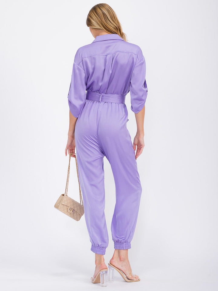 WOMEN'S 3/4 SLEEVES BUTTON UP POCKETS JOGGER JUMPSUIT