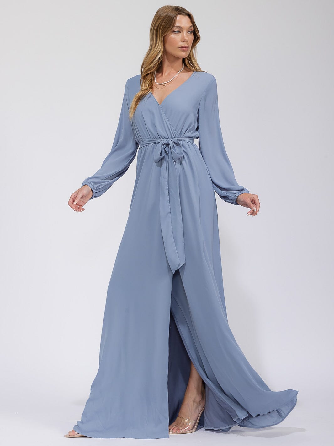 WOMEN'S LONG SLEEVE SURPLICE SELF TIE OPEN BACK MAXI GOWN DRESS