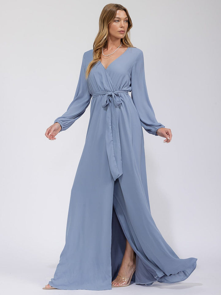 WOMEN'S LONG SLEEVE SURPLICE SELF TIE OPEN BACK MAXI GOWN DRESS