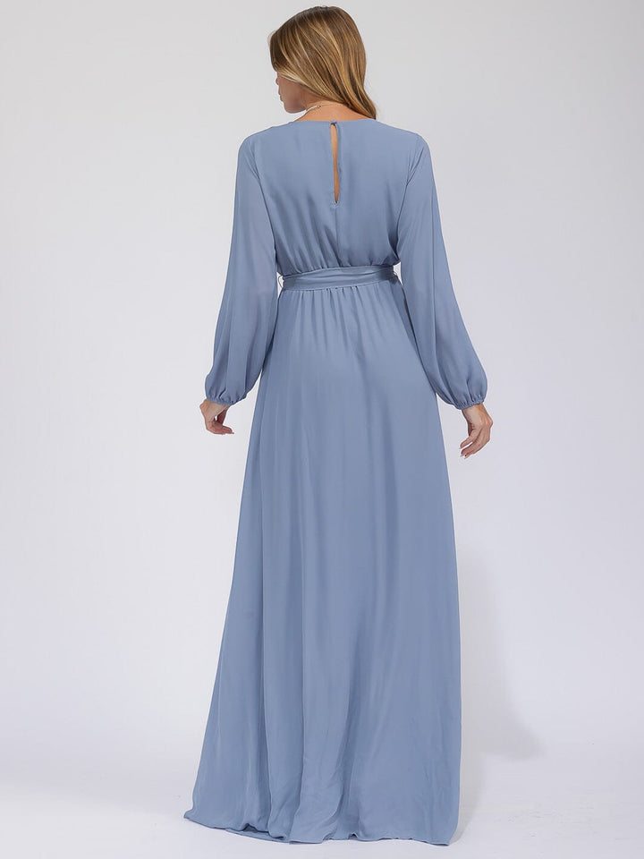 WOMEN'S LONG SLEEVE SURPLICE SELF TIE OPEN BACK MAXI GOWN DRESS