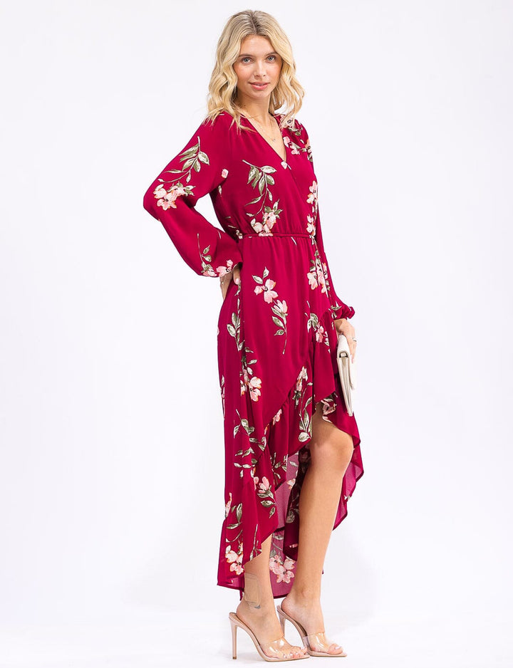 WOMEN'S LONG SLEEVE SURPLICE ELASTIC WAIST HIGH-LOW FLORAL MAXI DRESS