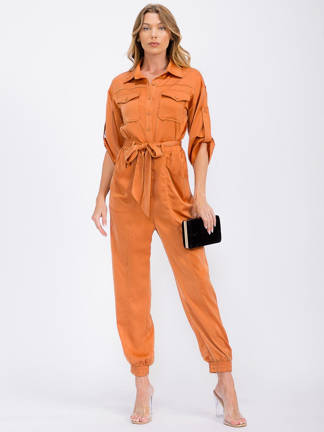 WOMEN'S 3/4 SLEEVES BUTTON UP POCKETS JOGGER JUMPSUIT