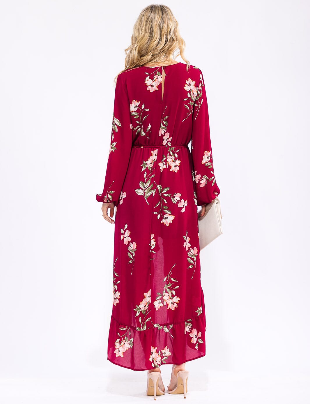 WOMEN'S LONG SLEEVE SURPLICE ELASTIC WAIST HIGH-LOW FLORAL MAXI DRESS