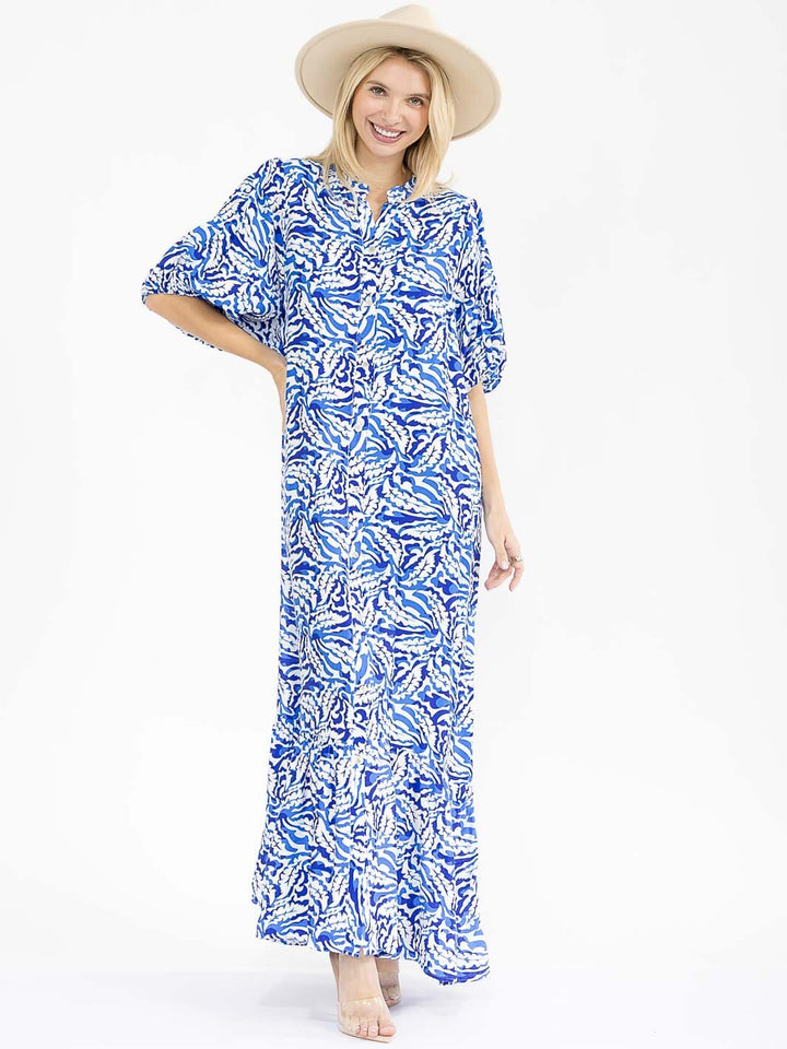 WOMEN'S SHORT SLEEVE BUTTON UP MULTI PRINT MAXI DRESS