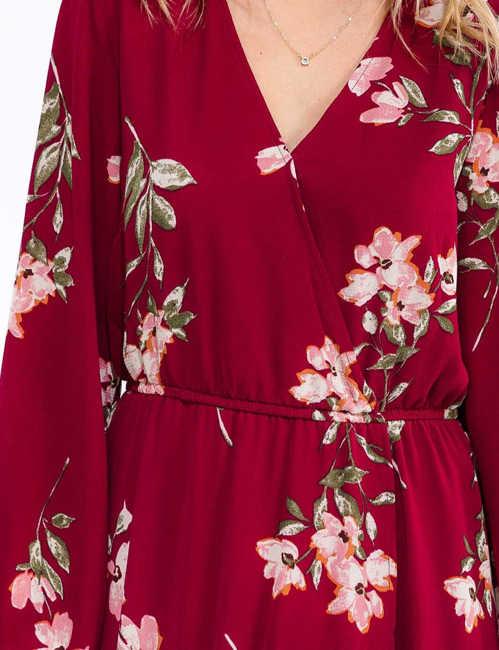 WOMEN'S LONG SLEEVE SURPLICE ELASTIC WAIST HIGH-LOW FLORAL MAXI DRESS