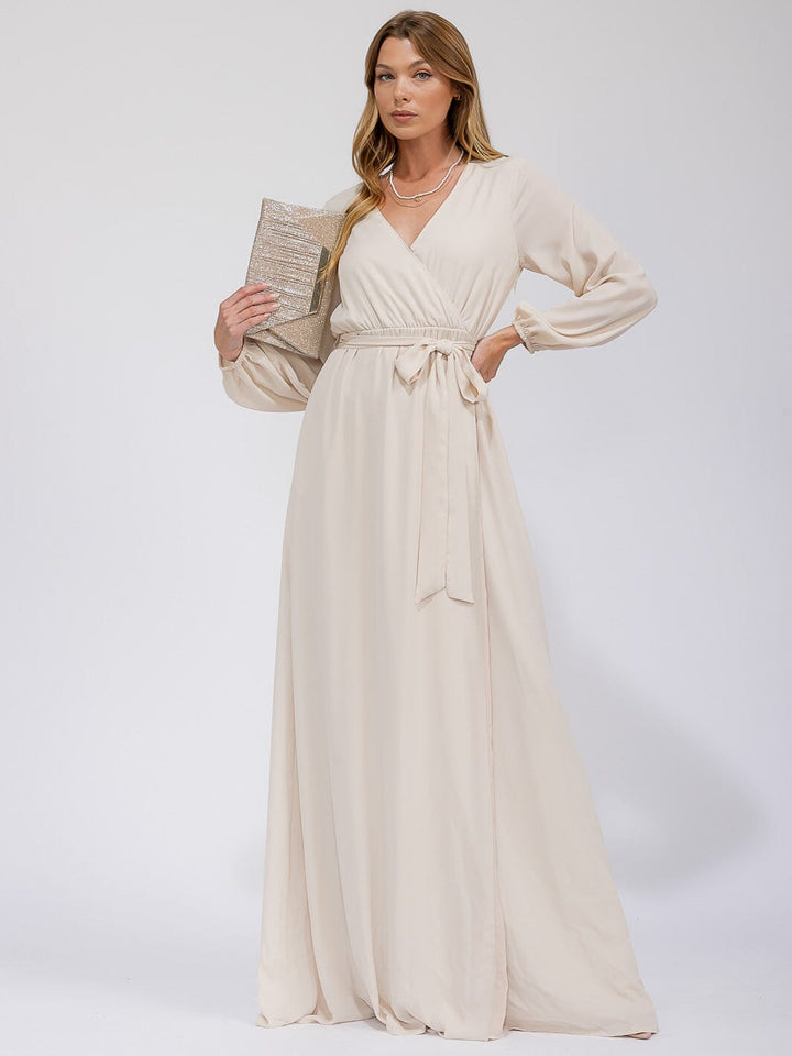 WOMEN'S LONG SLEEVE SURPLICE SELF TIE OPEN BACK MAXI GOWN DRESS