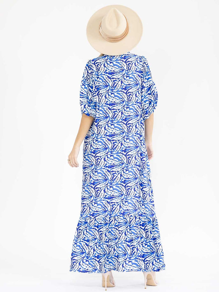 WOMEN'S SHORT SLEEVE BUTTON UP MULTI PRINT MAXI DRESS