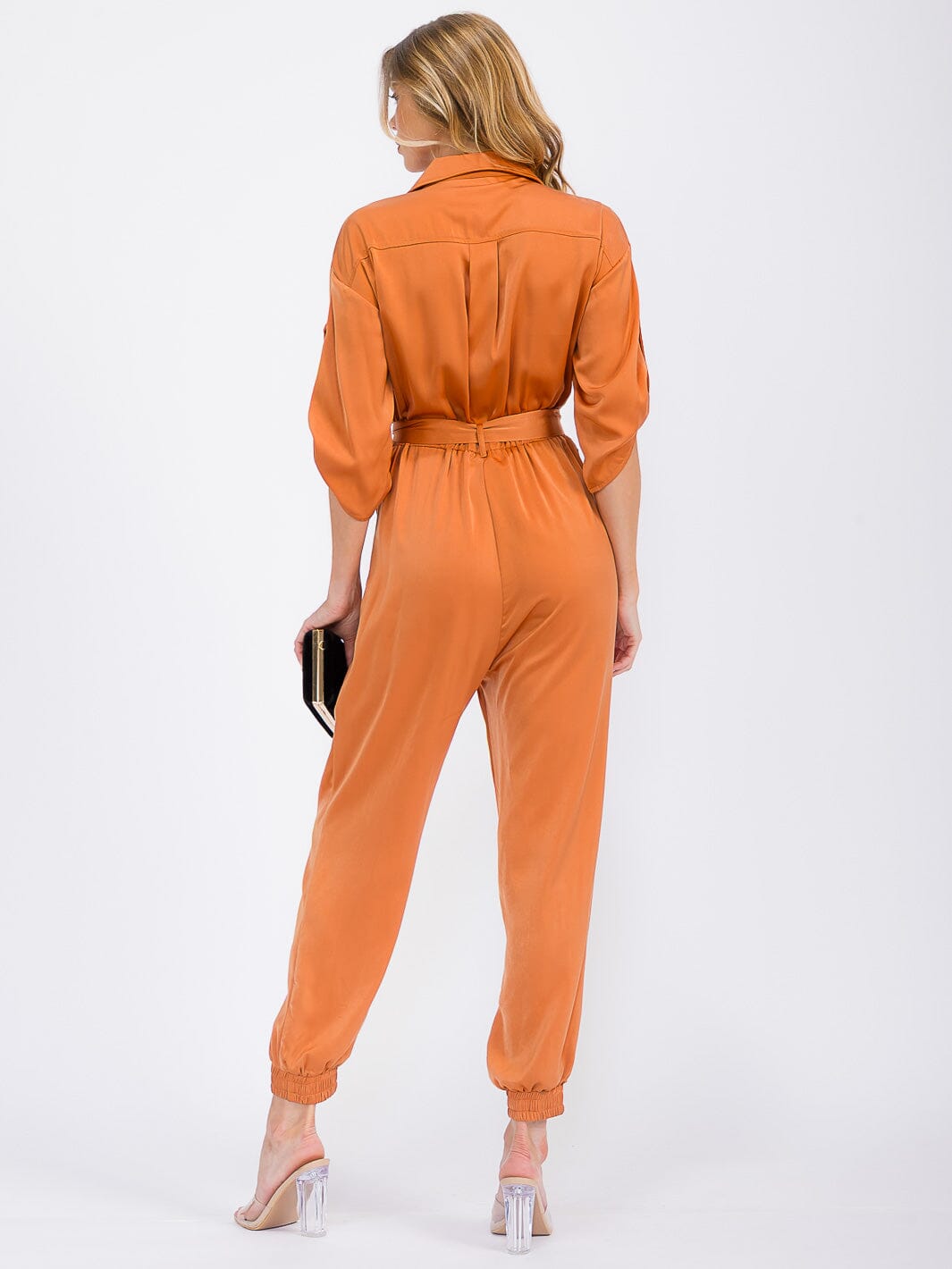 WOMEN'S 3/4 SLEEVES BUTTON UP POCKETS JOGGER JUMPSUIT