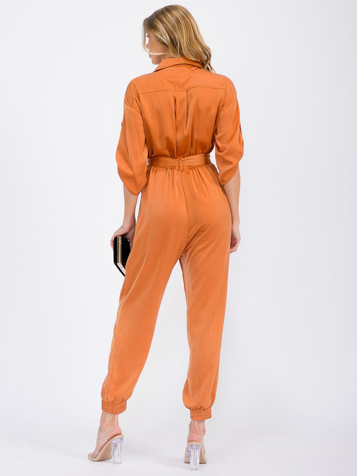 WOMEN'S 3/4 SLEEVES BUTTON UP POCKETS JOGGER JUMPSUIT