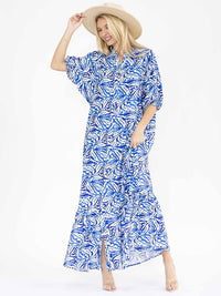 WOMEN'S SHORT SLEEVE BUTTON UP MULTI PRINT MAXI DRESS