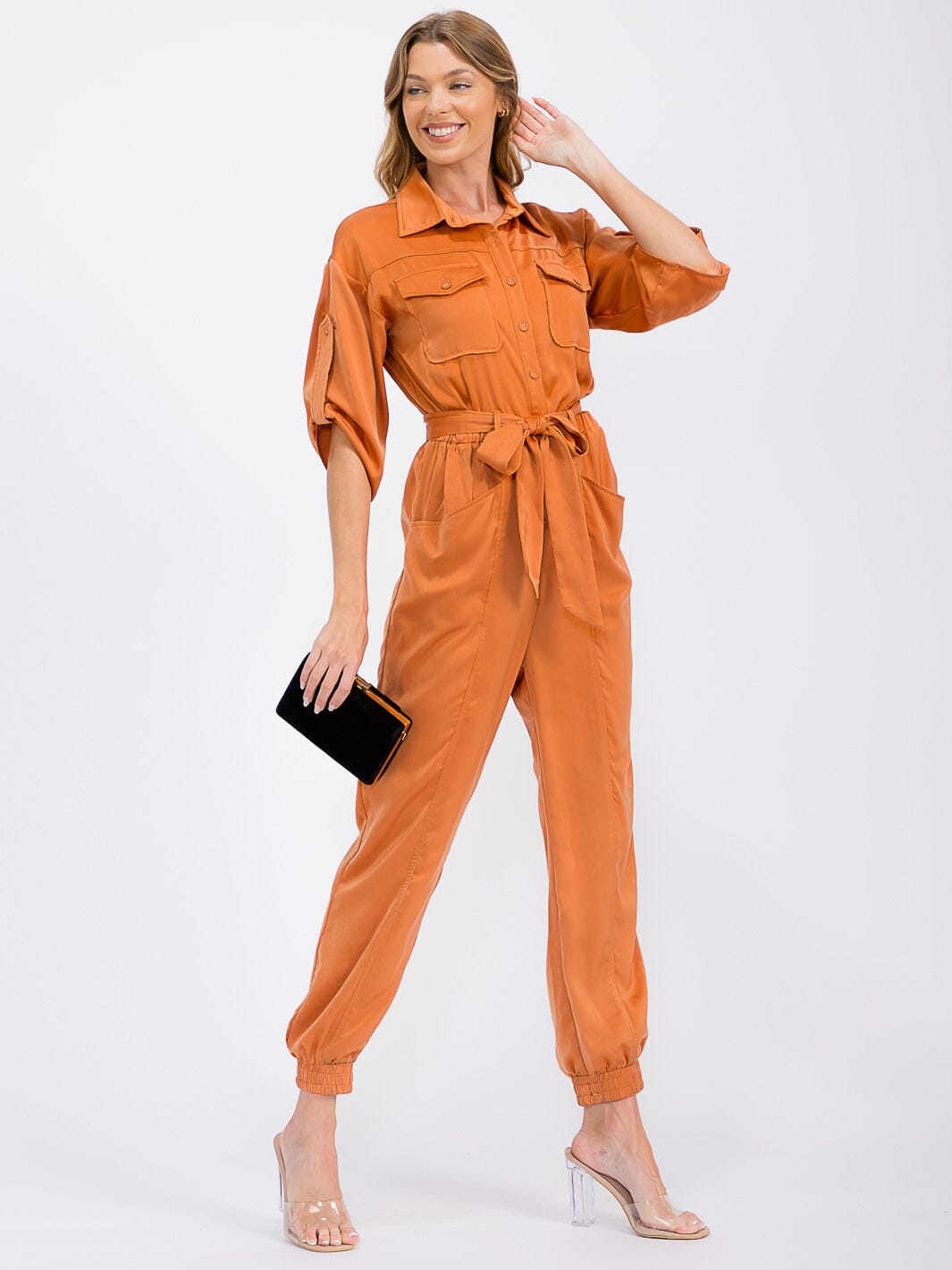 WOMEN'S 3/4 SLEEVES BUTTON UP POCKETS JOGGER JUMPSUIT