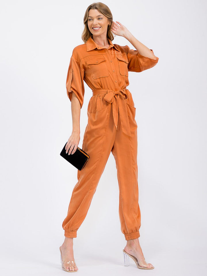 WOMEN'S 3/4 SLEEVES BUTTON UP POCKETS JOGGER JUMPSUIT