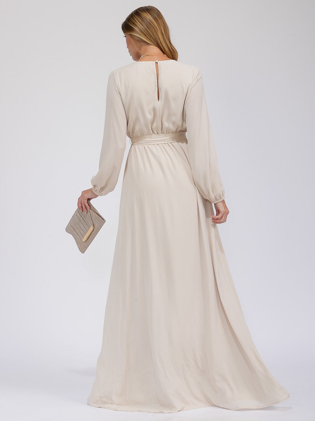 WOMEN'S LONG SLEEVE SURPLICE SELF TIE OPEN BACK MAXI GOWN DRESS