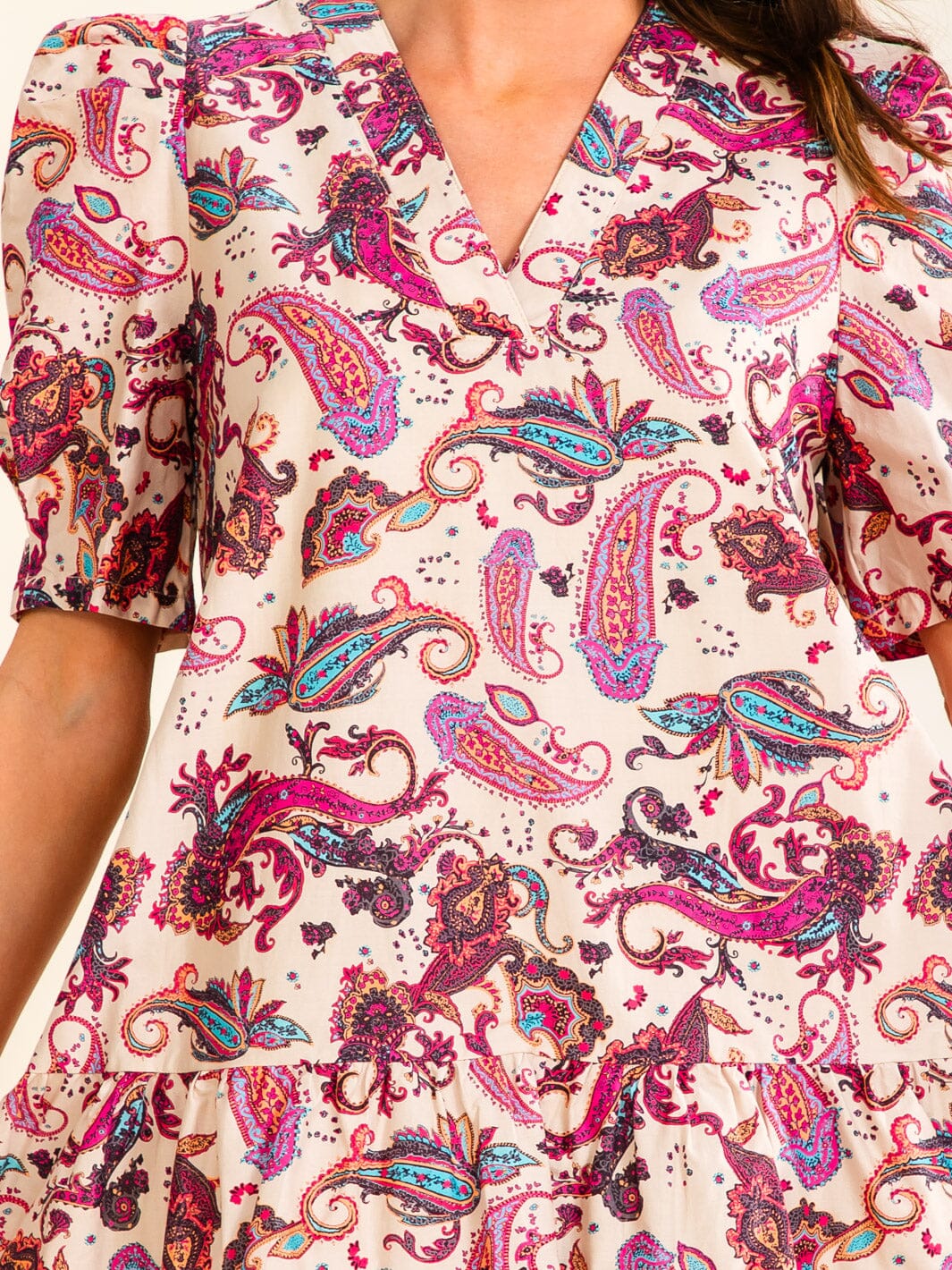 ENTRO WOMEN'S SHORT SLEEVE V-NECK MULTI PRINT MINI DRESS