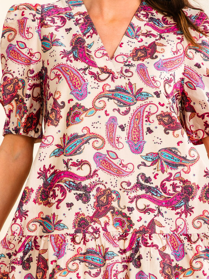 ENTRO WOMEN'S SHORT SLEEVE V-NECK MULTI PRINT MINI DRESS