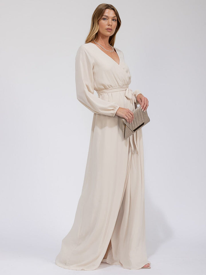 WOMEN'S LONG SLEEVE SURPLICE SELF TIE OPEN BACK MAXI GOWN DRESS