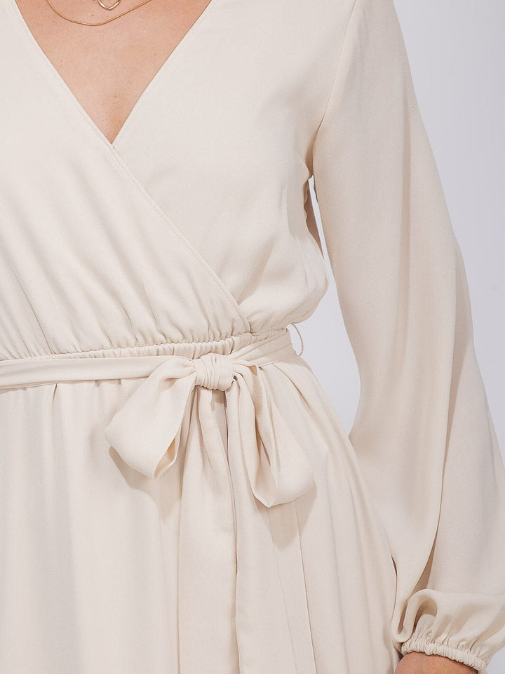 WOMEN'S LONG SLEEVE SURPLICE SELF TIE OPEN BACK MAXI GOWN DRESS