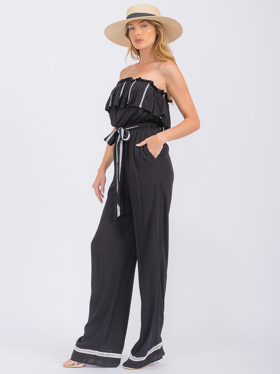 WOMEN'S SLEEVELESS ELASTIC WAIST POCKETS WIDE LEG JUMPSUIT