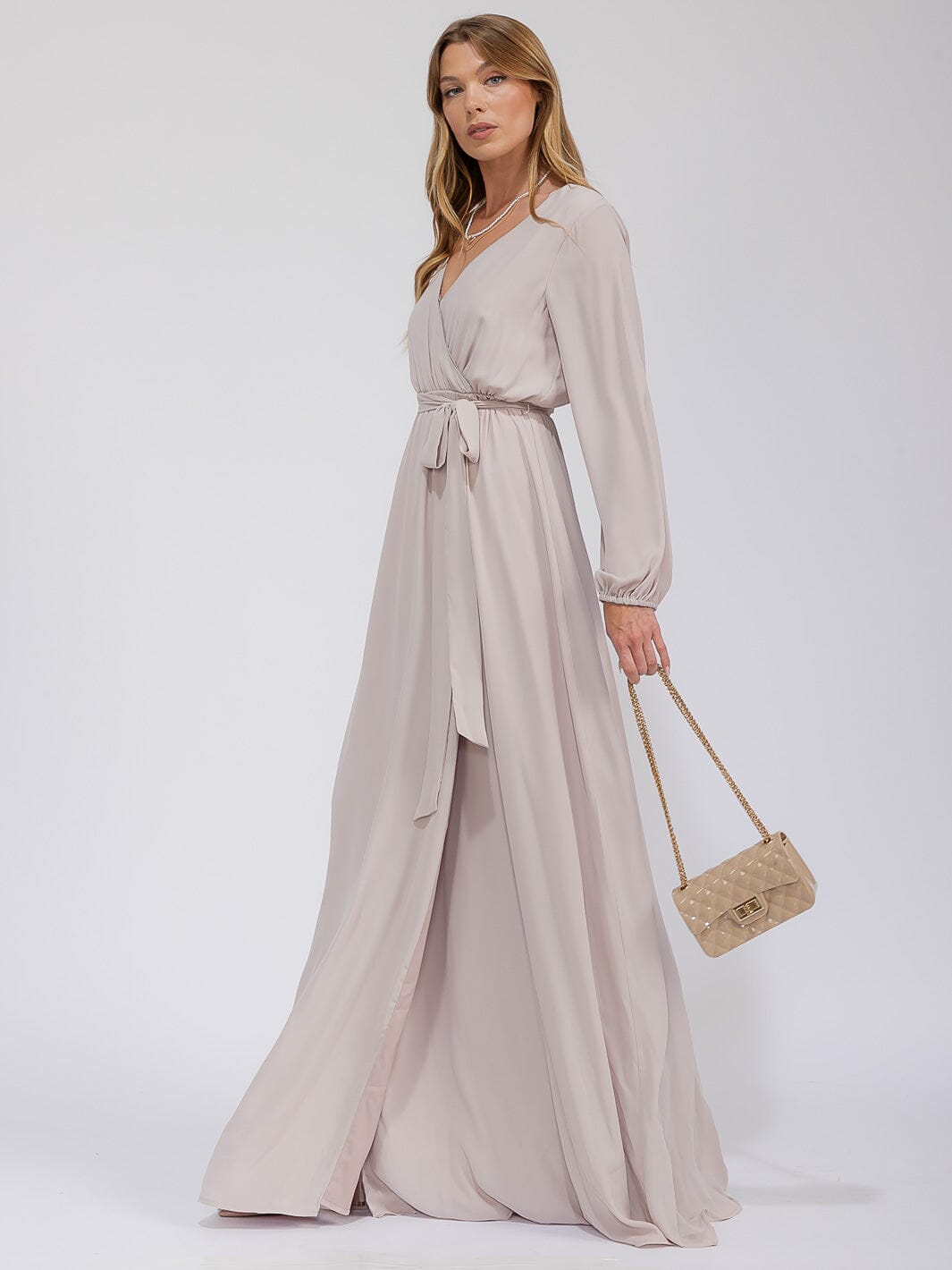 WOMEN'S LONG SLEEVE SURPLICE SELF TIE OPEN BACK MAXI GOWN DRESS