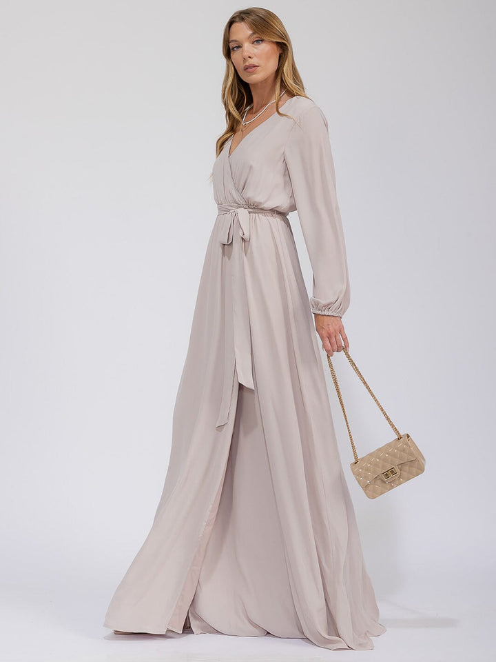 WOMEN'S LONG SLEEVE SURPLICE SELF TIE OPEN BACK MAXI GOWN DRESS