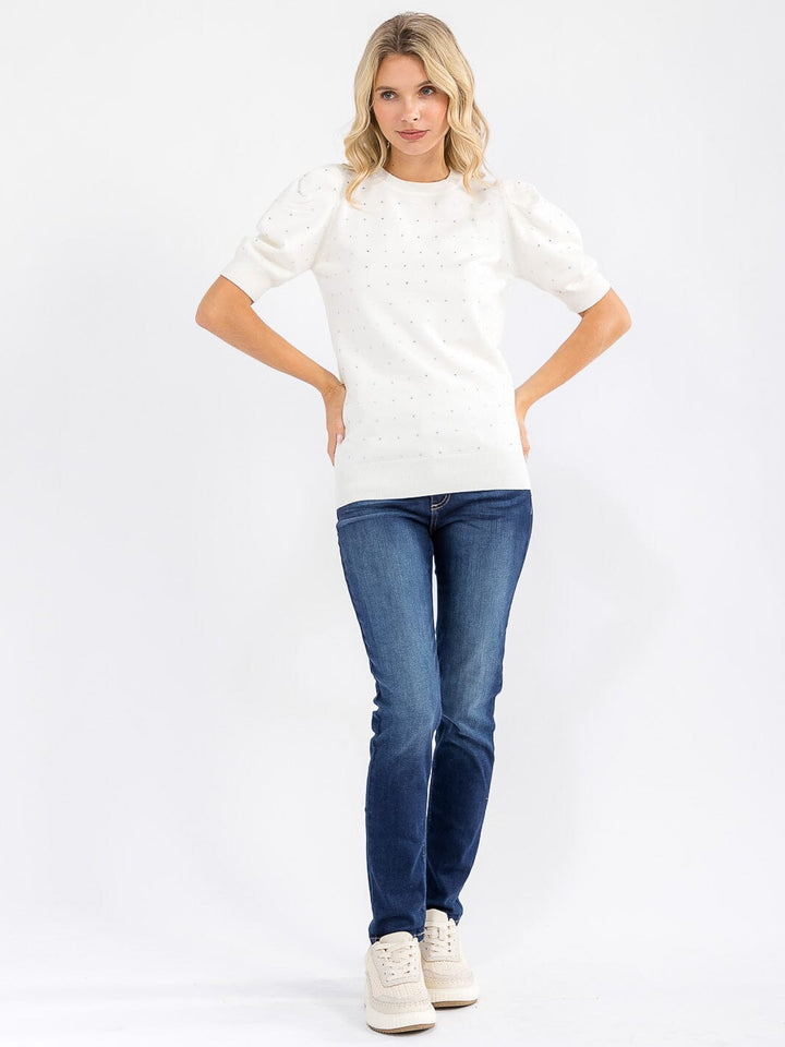 WOMEN'S SHORT PUFF SLEEVE STUDS DETAILED BLOUSE