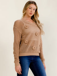 WOMEN'S LONG SLEEVE V-NECK PULLOVER CROCHET SWEATER