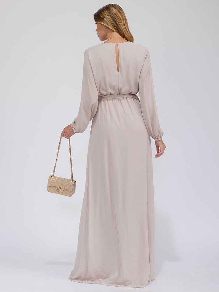 WOMEN'S LONG SLEEVE SURPLICE SELF TIE OPEN BACK MAXI GOWN DRESS