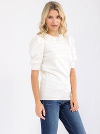 WOMEN'S SHORT PUFF SLEEVE STUDS DETAILED BLOUSE