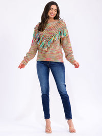 WOMEN'S LONG SLEEVE FRINGE MULTI KNITTED PULLOVER SWEATER