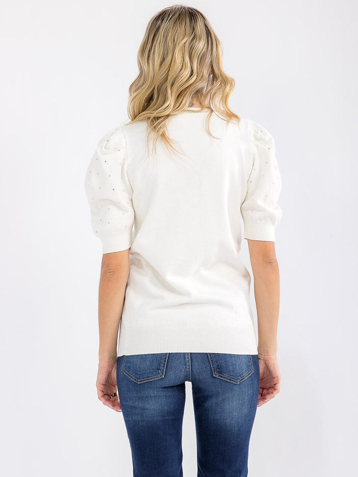 WOMEN'S SHORT PUFF SLEEVE STUDS DETAILED BLOUSE