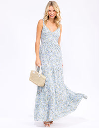 WOMEN'S SLEEVELESS V-NECK SMOCK TIERED FLORAL PRINT MAXI DRESS