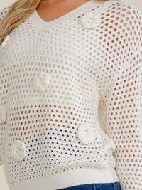 WOMEN'S LONG SLEEVE V-NECK PULLOVER CROCHET SWEATER