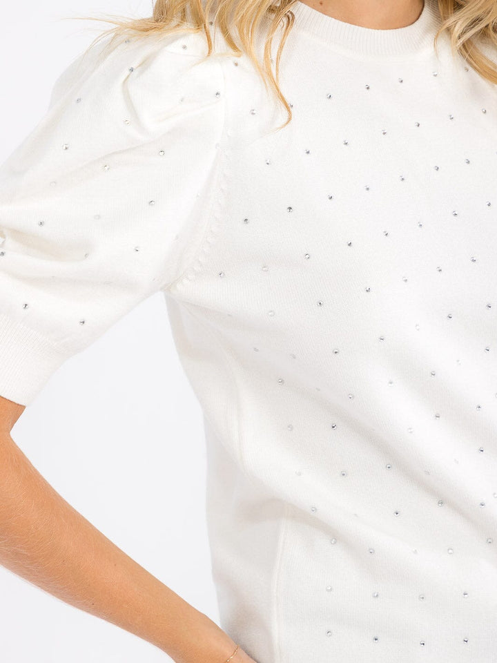 WOMEN'S SHORT PUFF SLEEVE STUDS DETAILED BLOUSE