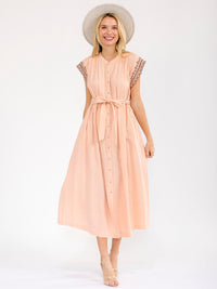 WOMEN'S SHORT SLEEVE BUTTON UP FRONT POCKETS SELF TIE MIDI DRESS