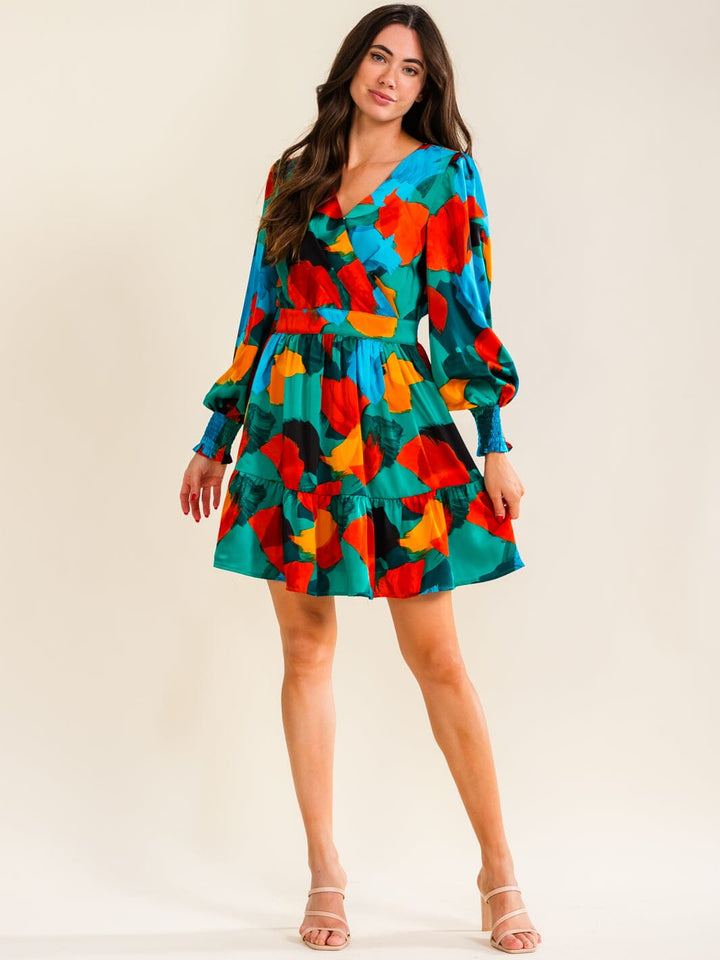 ENTRO WOMEN'S LONG SLEEVE SURPLICE ELASTIC WAIST MULTI PRINT MINI DRESS
