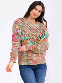 WOMEN'S LONG SLEEVE FRINGE MULTI KNITTED PULLOVER SWEATER