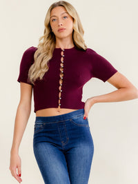 WOMEN'S SHORT SLEEVE BUTTON UP RIBBED CROP TOP