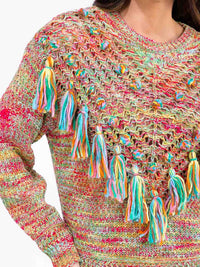 WOMEN'S LONG SLEEVE FRINGE MULTI KNITTED PULLOVER SWEATER