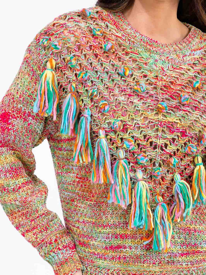 WOMEN'S LONG SLEEVE FRINGE MULTI KNITTED PULLOVER SWEATER