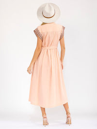 WOMEN'S SHORT SLEEVE BUTTON UP FRONT POCKETS SELF TIE MIDI DRESS