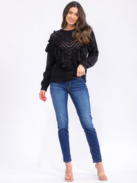 WOMEN'S LONG SLEEVE FRINGE DETAILED KNITTED PULLOVER SWEATER