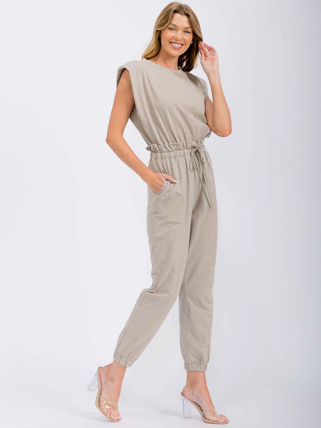 WOMEN'S SLEEVELESS SHOULDER PADS ELASTIC WAIST POCKETS JUMPSUIT