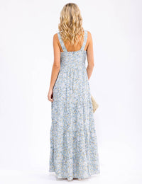 WOMEN'S SLEEVELESS V-NECK SMOCK TIERED FLORAL PRINT MAXI DRESS