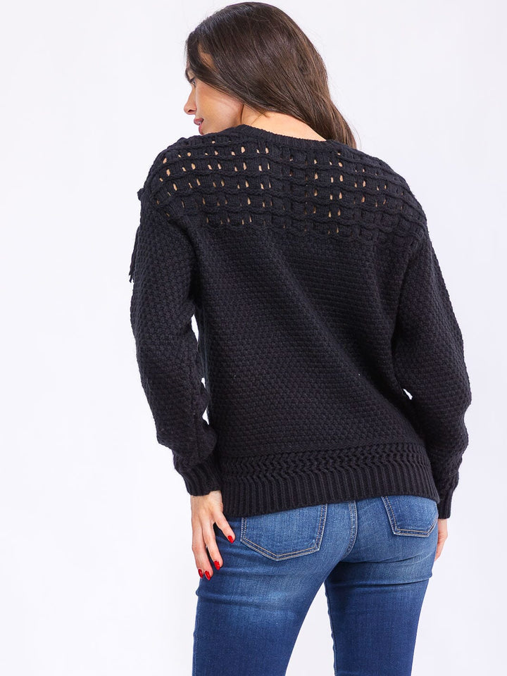 WOMEN'S LONG SLEEVE FRINGE DETAILED KNITTED PULLOVER SWEATER