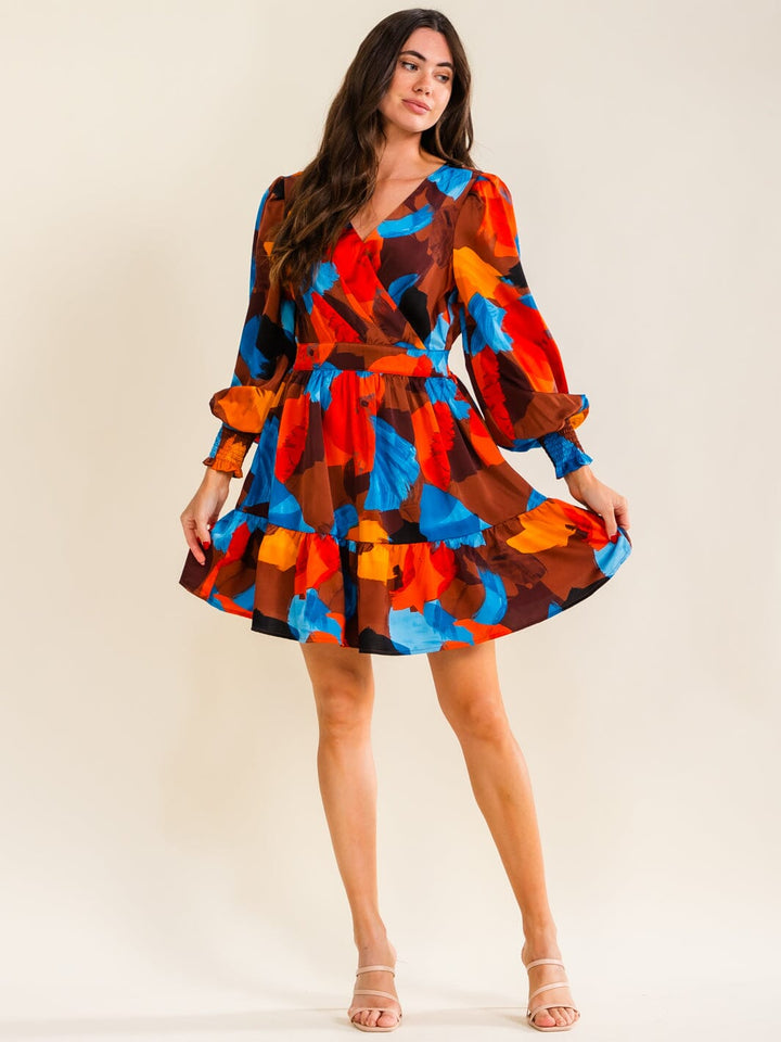 ENTRO WOMEN'S LONG SLEEVE SURPLICE ELASTIC WAIST MULTI PRINT MINI DRESS